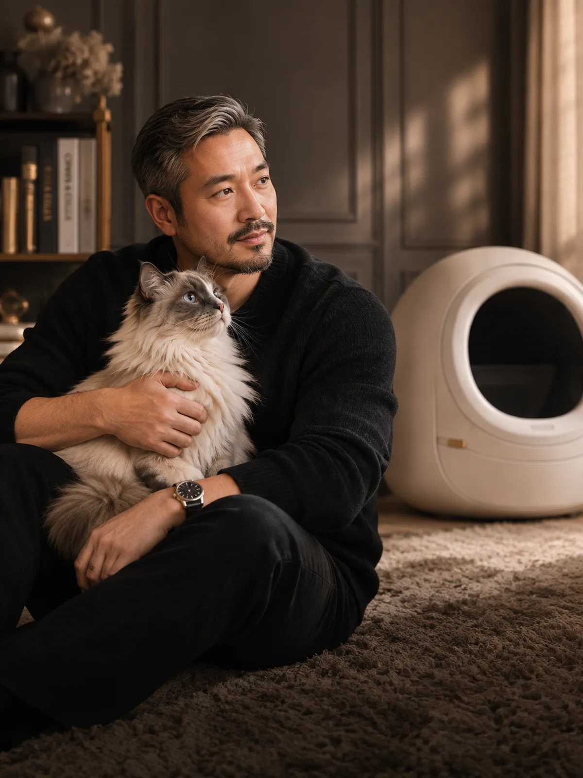 Mark John Lelievre, founder of Crown & Collar, holding a cat