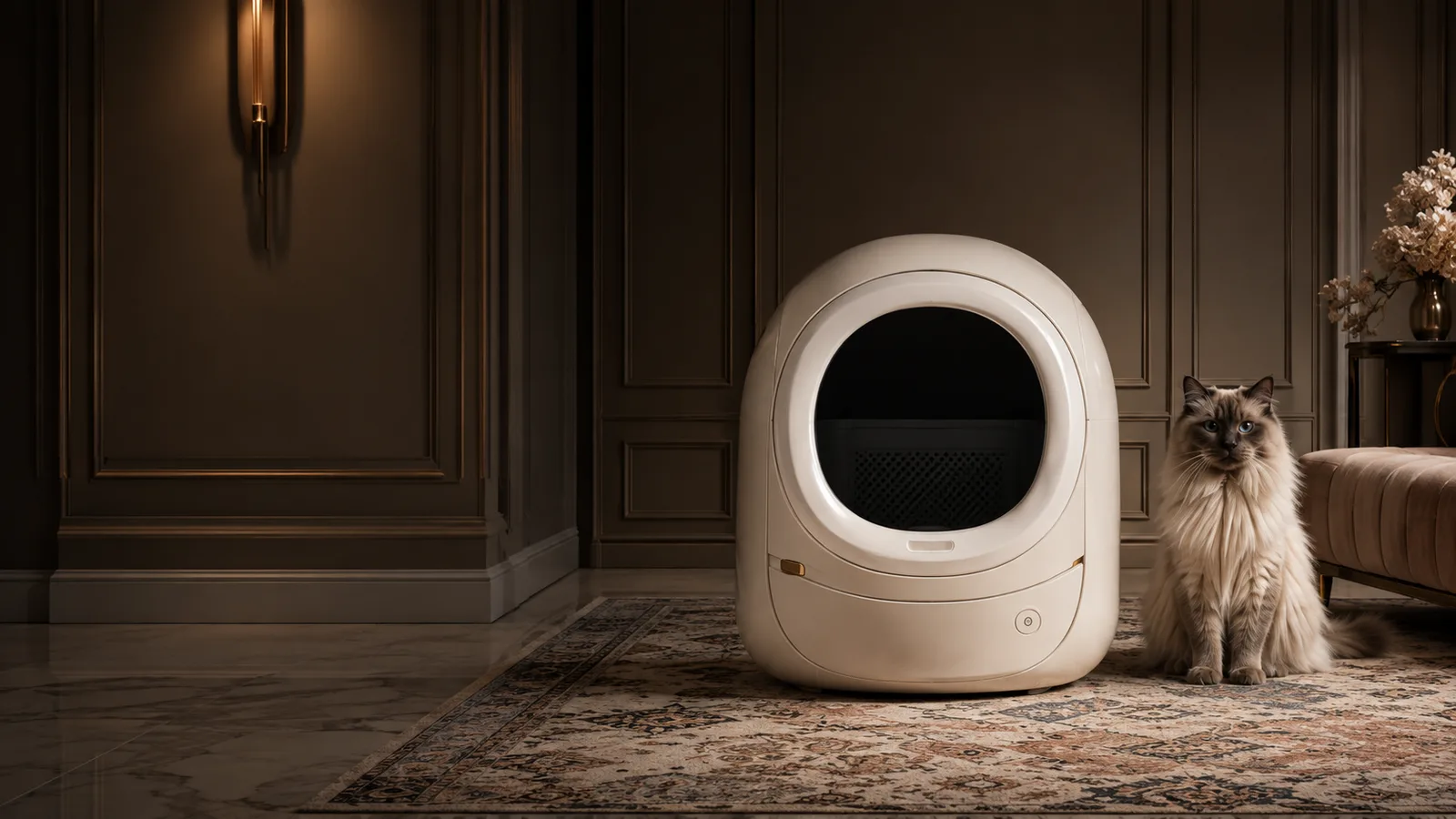 The Crown & Collar self-cleaning litter box in a warmly lit living room, with a cat beside it