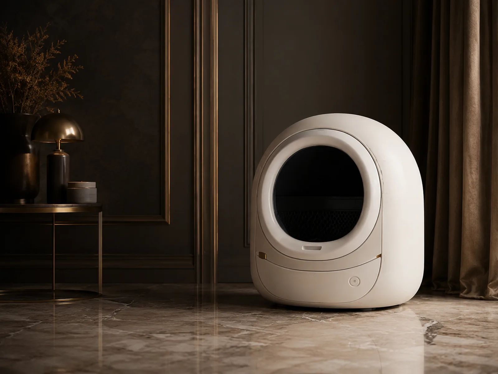 The Crown & Collar litter box on a dark set